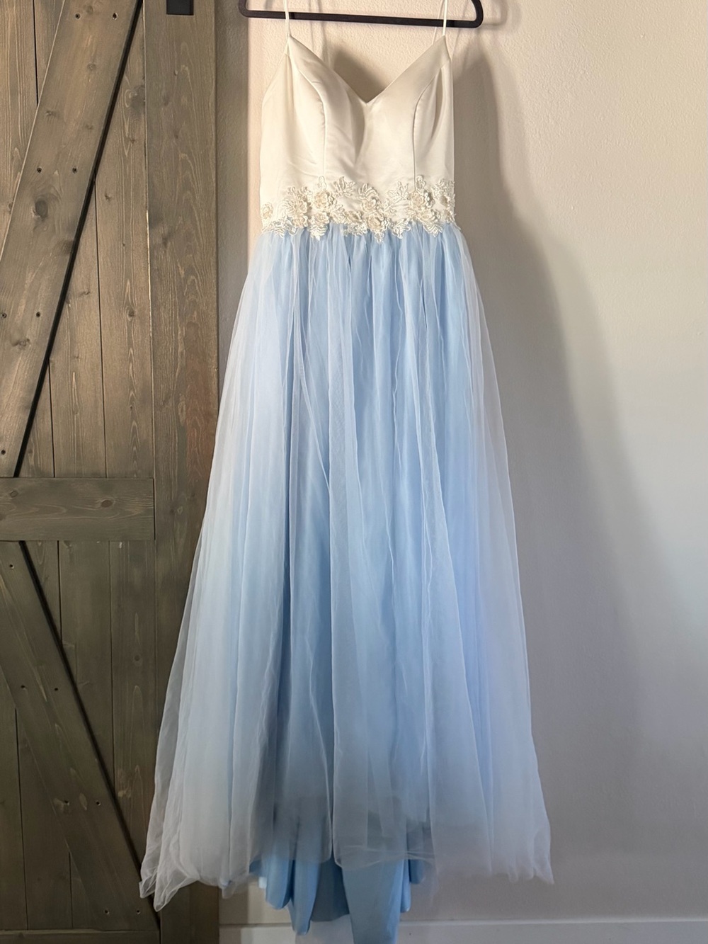 Womens White & Light Blue Spaghetti Strap Tulle Dress